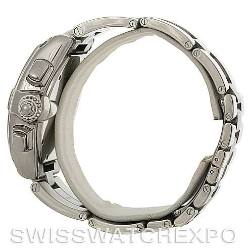 The image shows a side view of a Cartier Roadster W62019X6 Men's Stainless Steel Silver Dial W62019X6 Men's Stainless Steel Silver Dial watch, highlighting the crown, pushers, and metal bracelet.