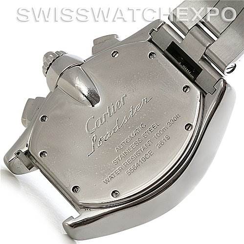 The image shows the back case of the Cartier Roadster W62019X6 Men's Stainless Steel Silver Dial W62019X6 Men's Stainless Steel Silver Dial watch, highlighting the clasp and engraved details.