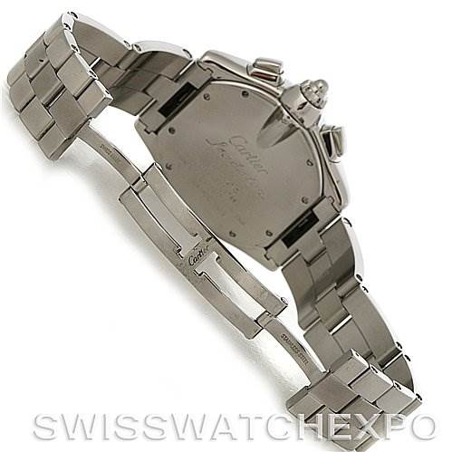 This image shows the Cartier Roadster W62019X6 Men's Stainless Steel Silver Dial W62019X6 Men's Stainless Steel Silver Dial watch from a rear angle, highlighting the bracelet and clasp.