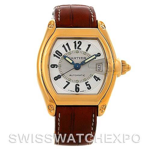 This Cartier Roadster W62005V2 Men's Yellow Gold Silver Dial W62005V2 Men's Yellow Gold Silver Dial watch is shown from a front angle, highlighting its dial, case, and leather strap.