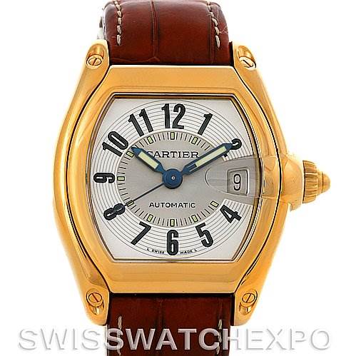 The Cartier Roadster W62005V2 Men's Yellow Gold Silver Dial W62005V2 Men's Yellow Gold Silver Dial watch is shown from the front, including the face, hour markers, hands, date window, and leather strap.