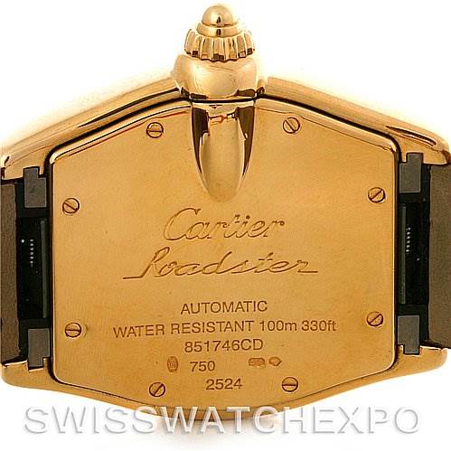 The image shows the back view of a Cartier Roadster W62005V2 Men's Yellow Gold Silver Dial W62005V2 Men's Yellow Gold Silver Dial watch case, displaying its engravings and detailing, including water resistance and model information.