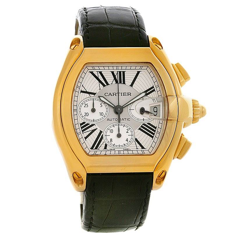 The image shows a front angle of the Cartier Roadster W62021Y2 Men's Yellow Gold Silver Dial W62021Y2 Men's Yellow Gold Silver Dial watch, highlighting the face, hands, subdials, crown, and leather strap.