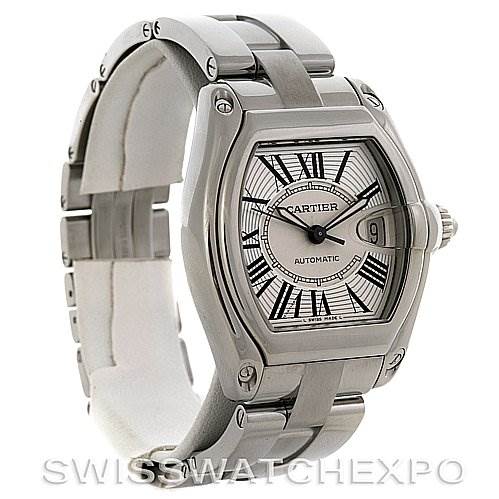 The image shows a Cartier Roadster W62025V3 Men's Stainless Steel Silver Dial W62025V3 Men's Stainless Steel Silver Dial watch from an angled side view, displaying its dial, bezel, and stainless steel bracelet.