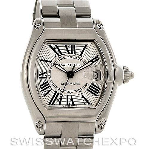 The image shows a front view of a Cartier Roadster watch, highlighting the dial, crown, and stainless steel bracelet.