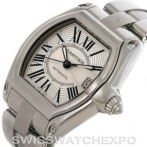 The image shows a close-up angle of the Cartier Roadster W62025V3 Men's Stainless Steel Silver Dial W62025V3 Men's Stainless Steel Silver Dial model, highlighting the dial, bracelet, and crown.