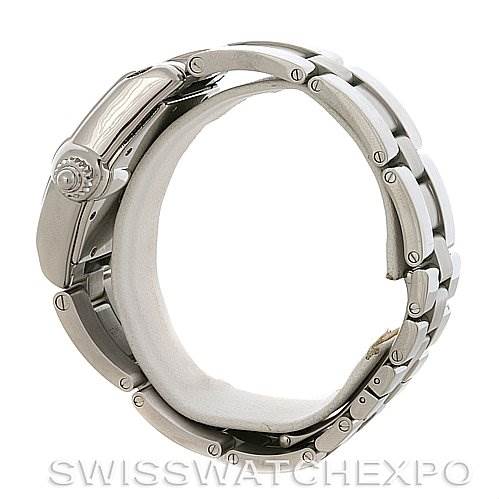 The image shows a side view of a Cartier Roadster W62025V3 Men's Stainless Steel Silver Dial W62025V3 Men's Stainless Steel Silver Dial watch, focusing on the bracelet, clasp, and crown.