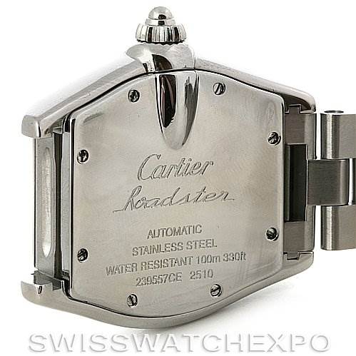 This image shows the back case of a Cartier Roadster W62025V3 Men's Stainless Steel Silver Dial W62025V3 Men's Stainless Steel Silver Dial watch, displaying details like the branding, material, and water resistance.