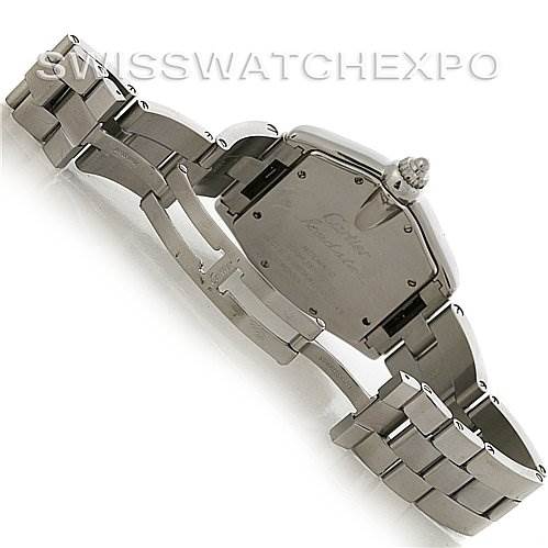 The image shows the back case and the bracelet of a Cartier Roadster W62025V3 Men's Stainless Steel Silver Dial W62025V3 Men's Stainless Steel Silver Dial watch, focusing on the clasp and links.