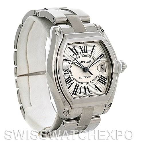 The image shows a Cartier Roadster W62025V3 Men's Stainless Steel Silver Dial W62025V3 Men's Stainless Steel Silver Dial watch angled to display the dial, bezel, and part of the bracelet.