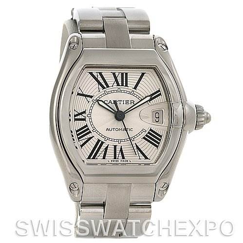 The image shows a front view of the Cartier Roadster W62025V3 Men's Stainless Steel Silver Dial W62025V3 Men's Stainless Steel Silver Dial watch, highlighting its dial, bracelet, and date window.
