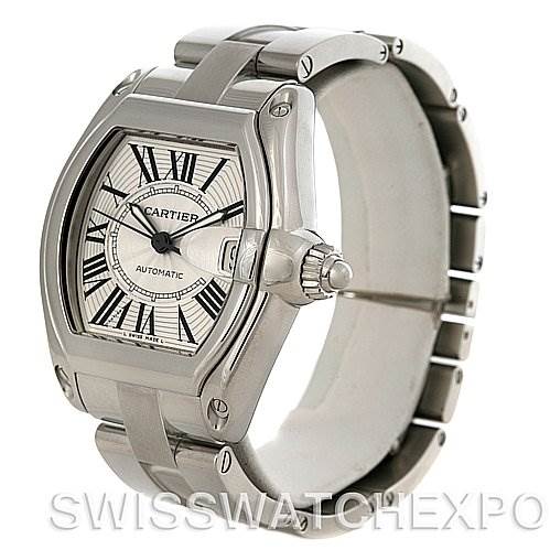 The Cartier Roadster W62025V3 Men's Stainless Steel Silver Dial W62025V3 Men's Stainless Steel Silver Dial watch is shown at a three-quarter angle, highlighting the face, crown, and bracelet.