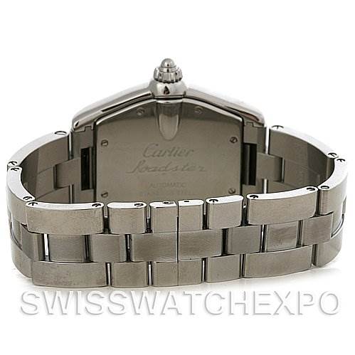 This image shows the back of a Cartier Roadster W62025V3 Men's Stainless Steel Silver Dial W62025V3 Men's Stainless Steel Silver Dial watch, featuring the bracelet and case back.