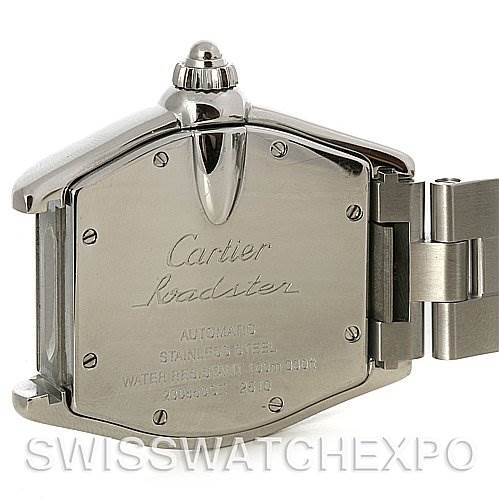 This image shows the back case of a Cartier Roadster W62025V3 Men's Stainless Steel Silver Dial W62025V3 Men's Stainless Steel Silver Dial watch, highlighting its stainless steel construction and engraved details.