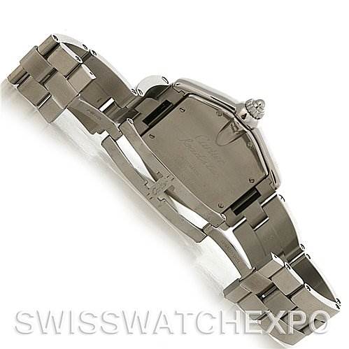 This image shows the backside and clasp of a Roadster model watch by Cartier, highlighting the back case and metal bracelet.