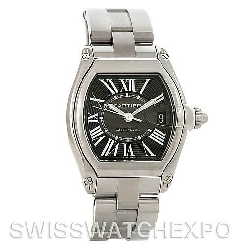 This image shows a Cartier Roadster W62041V3 Men's Stainless Steel Black Dial W62041V3 Men's Stainless Steel Black Dial watch from a front-facing angle, displaying its dial, case, and bracelet.