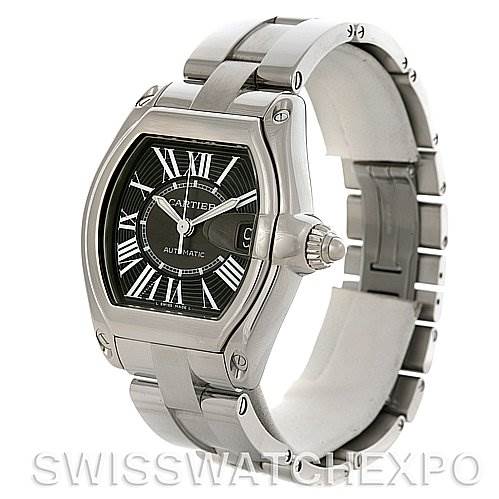 This image shows a Cartier Roadster W62041V3 Men's Stainless Steel Black Dial W62041V3 Men's Stainless Steel Black Dial model watch from an angled side view, displaying the face, bezel, crown, and bracelet.