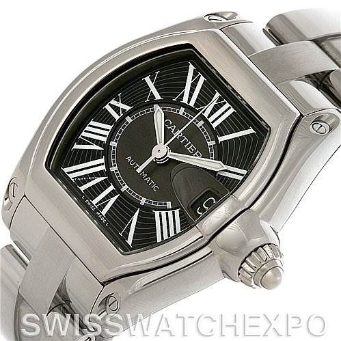 The image shows a Cartier Roadster W62041V3 Men's Stainless Steel Black Dial W62041V3 Men's Stainless Steel Black Dial watch at a slight angle, highlighting its dial, case, crown, and part of the bracelet.
