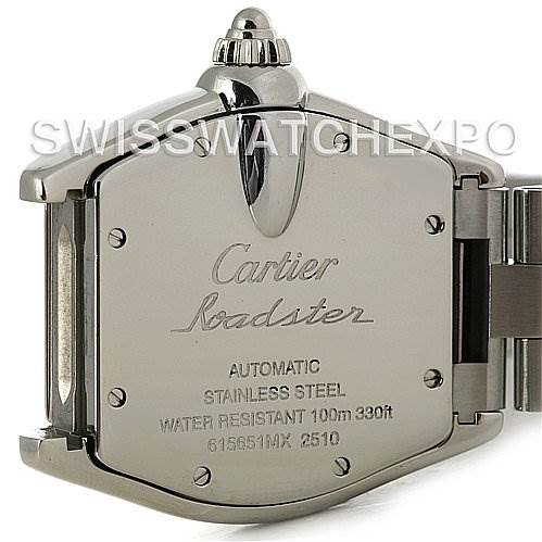 This image shows the back view of a Cartier Roadster W62041V3 Men's Stainless Steel Black Dial W62041V3 Men's Stainless Steel Black Dial watch, highlighting the case back and the engraved details.