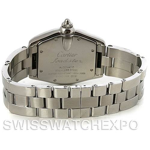 The image shows the back case and bracelet of a Cartier Roadster W62041V3 Men's Stainless Steel Black Dial W62041V3 Men's Stainless Steel Black Dial watch from a rear angle.