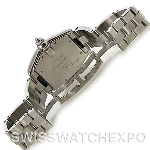 The image shows the back view of a Cartier Roadster W62041V3 Men's Stainless Steel Black Dial W62041V3 Men's Stainless Steel Black Dial watch, highlighting the metal bracelet and case back details.