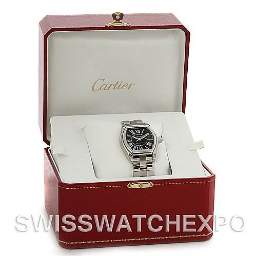 The Cartier Roadster W62041V3 Men's Stainless Steel Black Dial W62041V3 Men's Stainless Steel Black Dial watch is displayed front-on, inside its red presentation box.