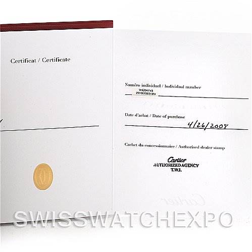 The image shows the certificate and warranty paperwork for the Cartier Roadster W62041V3 Men's Stainless Steel Black Dial W62041V3 Men's Stainless Steel Black Dial model, including the date of purchase and dealer stamp.