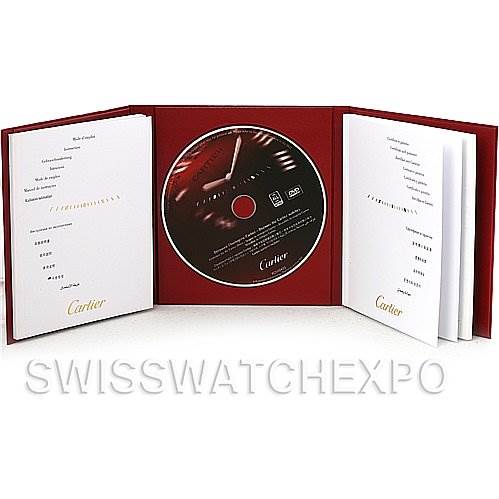 The image shows the Cartier Roadster W62041V3 Men's Stainless Steel Black Dial W62041V3 Men's Stainless Steel Black Dial model watch packaging, including a manual and a CD, presented in an open red folder.