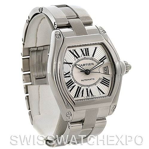 The image shows a Cartier Roadster W62025V3 Men
s Stainless Steel Silver Dial W62025V3 Men
s Stainless Steel Silver Dial watch at a three-quarter angle displaying the face, bezel, and part of the bracelet.