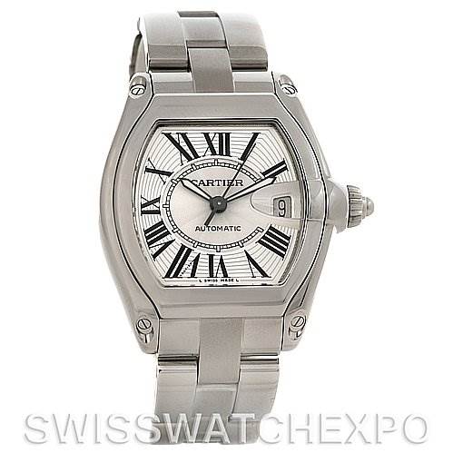 This image shows a Cartier Roadster W62025V3 Men
s Stainless Steel Silver Dial W62025V3 Men
s Stainless Steel Silver Dial model watch from a front angle, highlighting the face, bracelet, and crown.