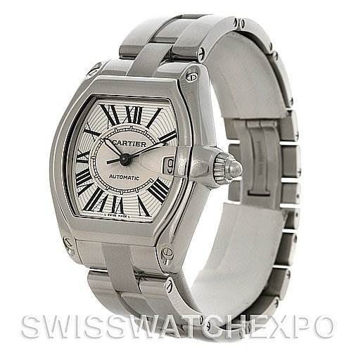 The image shows a Cartier Roadster W62025V3 Men
s Stainless Steel Silver Dial W62025V3 Men
s Stainless Steel Silver Dial watch at a three-quarter angle, displaying the face, bracelet, and side crown.