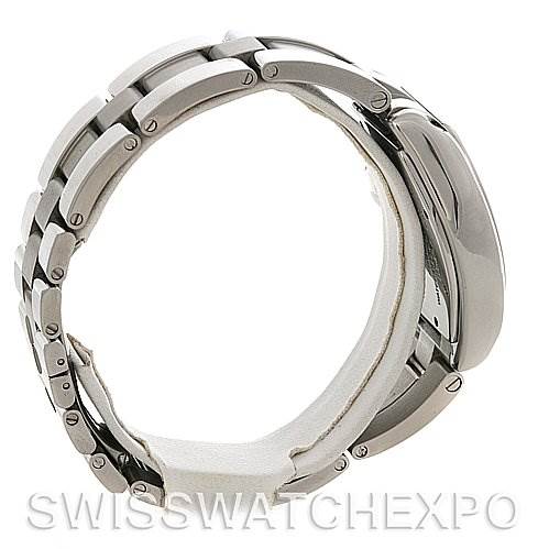 The image shows a side view of the Cartier Roadster W62025V3 Men
s Stainless Steel Silver Dial W62025V3 Men
s Stainless Steel Silver Dial watch, highlighting the metal bracelet and a partial view of the watch case.