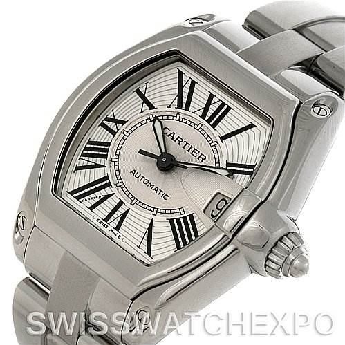 The image shows a Cartier Roadster W62025V3 Men
s Stainless Steel Silver Dial W62025V3 Men
s Stainless Steel Silver Dial watch at a slight angle, highlighting the dial, crown, and part of the metal bracelet.