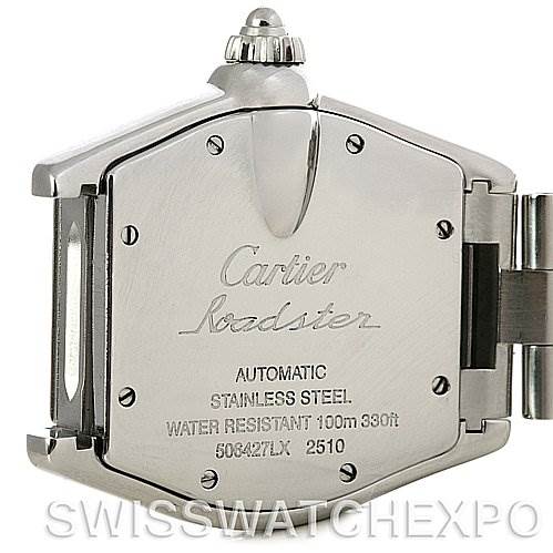 This image shows the back of a Cartier Roadster W62025V3 Men
s Stainless Steel Silver Dial W62025V3 Men
s Stainless Steel Silver Dial watch, highlighting its automatic movement and stainless steel case.
