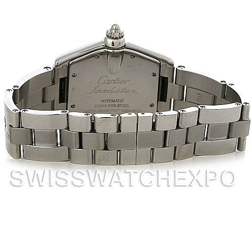 The image shows the back view of a Cartier Roadster W62025V3 Men
s Stainless Steel Silver Dial W62025V3 Men
s Stainless Steel Silver Dial watch, highlighting the case back and metal bracelet.