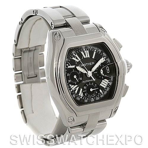 The image shows a Cartier Roadster W62020X6 Men's Stainless Steel Black Dial W62020X6 Men's Stainless Steel Black Dial watch at a three-quarter angle, displaying its dial, case, crown, and bracelet.
