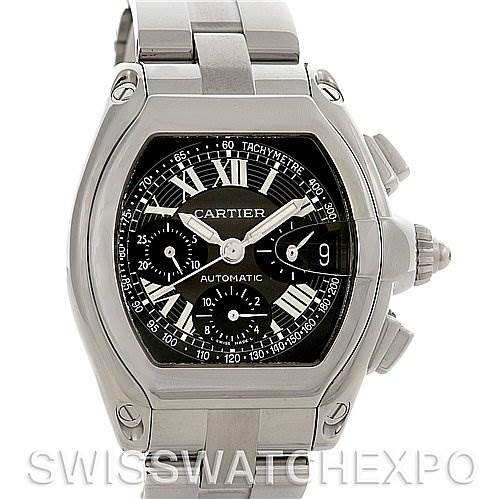 The image shows a front view of a Cartier Roadster W62020X6 Men's Stainless Steel Black Dial W62020X6 Men's Stainless Steel Black Dial watch, highlighting its face, bezel, crown, and bracelet.