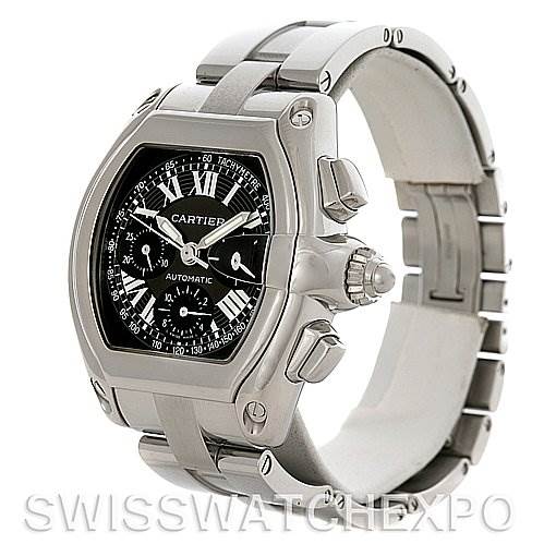 The image shows a Cartier Roadster W62020X6 Men's Stainless Steel Black Dial W62020X6 Men's Stainless Steel Black Dial watch angled to display the face, crown, and part of the bracelet.