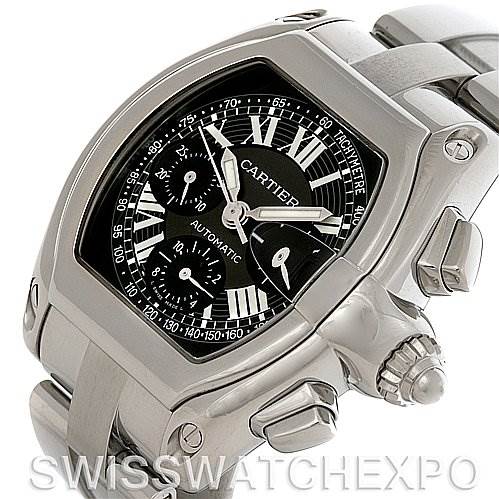 This image shows a close-up of the Cartier Roadster W62020X6 Men's Stainless Steel Black Dial W62020X6 Men's Stainless Steel Black Dial watch, highlighting its face, crown, pushers, and part of the bracelet.