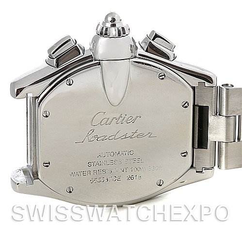 The image shows the back view of a Cartier Roadster W62020X6 Men's Stainless Steel Black Dial W62020X6 Men's Stainless Steel Black Dial watch, highlighting the caseback and part of the stainless steel bracelet.