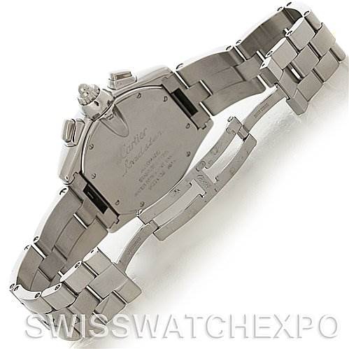 This image shows the back case and open bracelet of a Cartier Roadster W62020X6 Men's Stainless Steel Black Dial W62020X6 Men's Stainless Steel Black Dial watch from a top-down angle.