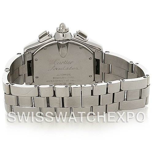 The image shows the rear view of a Cartier Roadster W62020X6 Men's Stainless Steel Black Dial W62020X6 Men's Stainless Steel Black Dial watch, highlighting the back case and stainless steel bracelet.