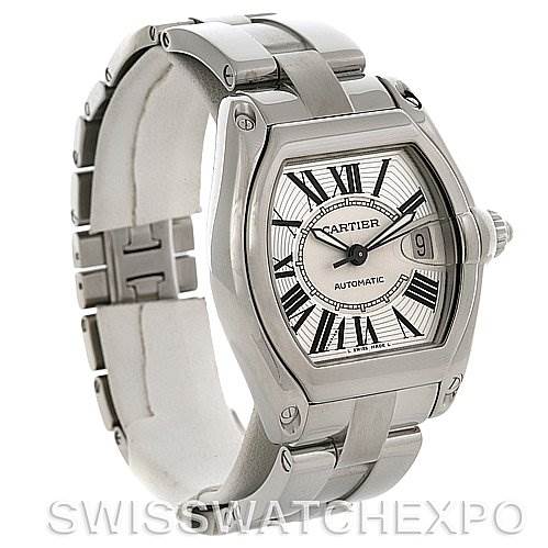 The image shows a Cartier Roadster W62025V3 Men's Stainless Steel Silver Dial W62025V3 Men's Stainless Steel Silver Dial watch from a three-quarter angled view, highlighting the dial, bezel, and bracelet.