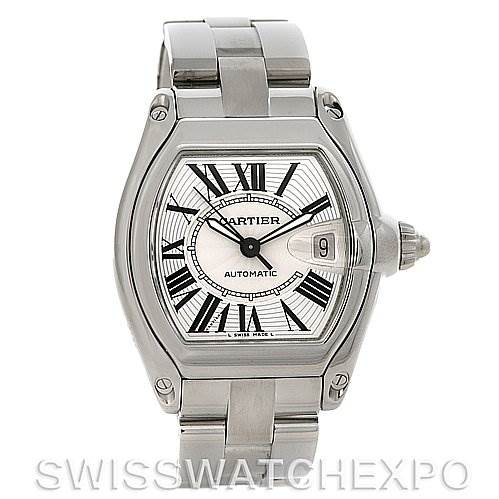 This image shows a front view of a Cartier Roadster W62025V3 Men's Stainless Steel Silver Dial W62025V3 Men's Stainless Steel Silver Dial watch, featuring its dial, case, and bracelet.