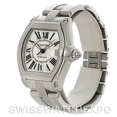The image shows a side and front view of a Cartier Roadster W62025V3 Men's Stainless Steel Silver Dial W62025V3 Men's Stainless Steel Silver Dial watch, highlighting its case, dial, and bracelet.