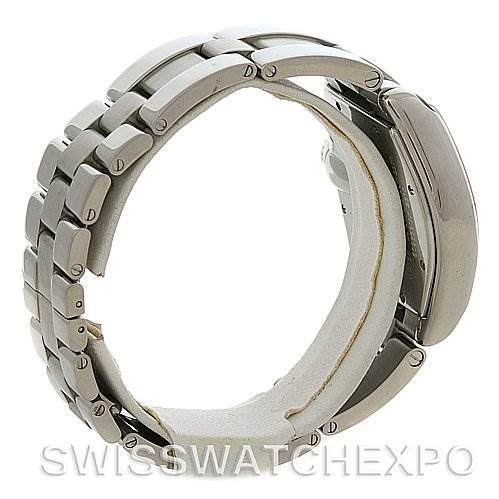 This image shows a Cartier Roadster W62025V3 Men's Stainless Steel Silver Dial W62025V3 Men's Stainless Steel Silver Dial watch viewed from the side, displaying its bracelet and case.