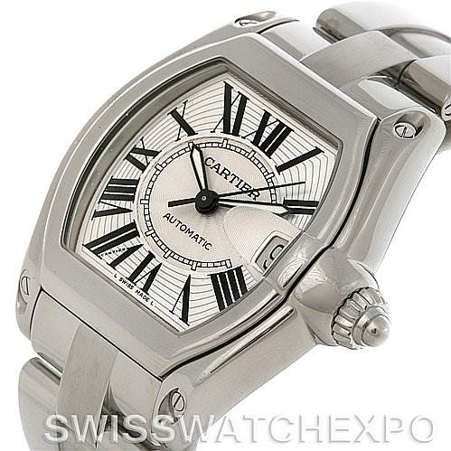 The image shows a Cartier Roadster W62025V3 Men's Stainless Steel Silver Dial W62025V3 Men's Stainless Steel Silver Dial watch at a three-quarter angle, highlighting the face, bezel, and part of the bracelet.