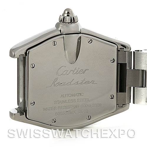 The image shows the case back of a Cartier Roadster W62025V3 Men's Stainless Steel Silver Dial W62025V3 Men's Stainless Steel Silver Dial watch, highlighting its engravings and stainless steel construction.