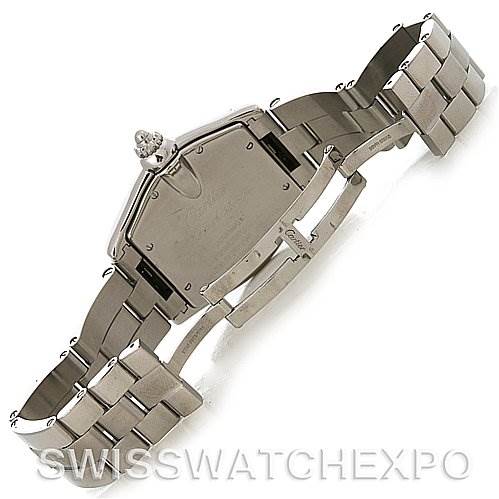 The image shows the back case and bracelet of a Cartier Roadster W62025V3 Men's Stainless Steel Silver Dial W62025V3 Men's Stainless Steel Silver Dial watch laid flat, displaying its clasp and links.