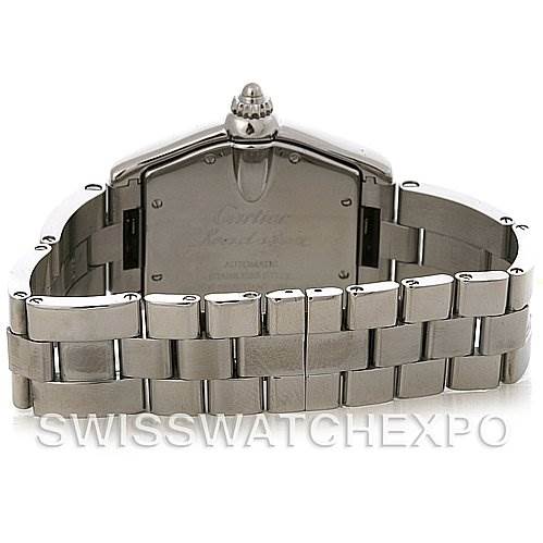 This image shows the backside of a Cartier Roadster W62025V3 Men's Stainless Steel Silver Dial W62025V3 Men's Stainless Steel Silver Dial watch, focusing on the case back and bracelet.